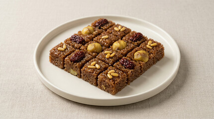 Traditional Korean Yakbap Sweet Rice Cake with Chestnuts and Jujube on White Plate