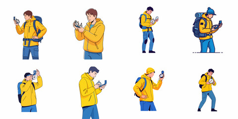 Hiker and traveler characters using a compass for navigation and orientation during outdoor adventures, isolated vector illustration set. © Muqodimatul