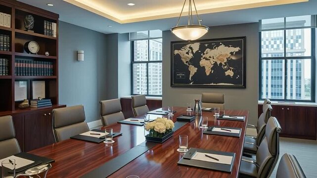 Modern Conference Room with World Map and Bookshelf - Business Meeting Space