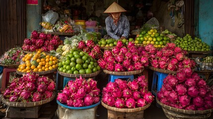 Obraz premium Vibrant Fruit Stall in a Bustling Vietnamese Market with a Vendor in a Conical Hat.