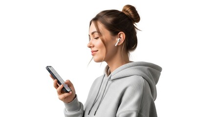 A young woman wearing earbuds and using her smartphone with a smile
