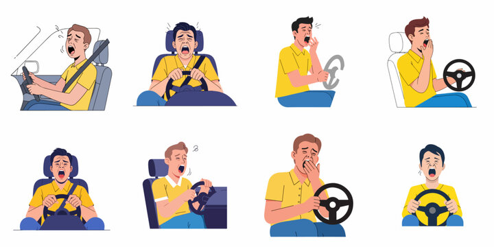 Set of illustrations depicting male drivers experiencing extreme fatigue, yawning, screaming, and stress behind the wheel, highlighting dangers of drowsy driving.
