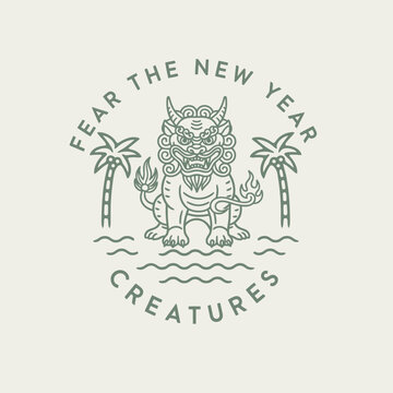 Mythical Creature Logo Design with Palm Trees and Ocean Waves.