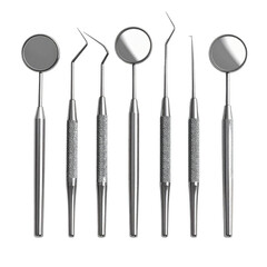 Set of five dental tools with mirror top and toothbrush bottom.