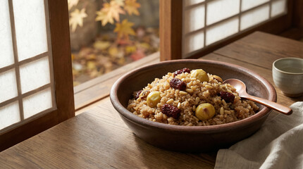 Korean Yakbap Sweet Rice in Wooden Bowl by Window with Warm Natural Light