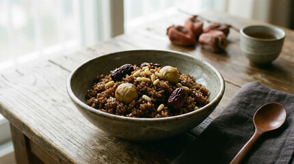 Korean Yakbap Sweet Rice Bowl on Wooden Table with Natural Light Setting