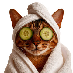 Cat wearing towel with cucums on it and towel around its neck.