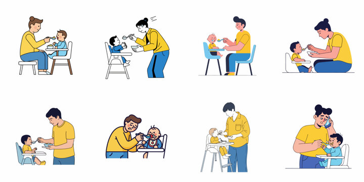 Collection of illustrations showing mothers and fathers feeding their babies solid food in high chairs, highlighting family life, childcare routines, and early development.