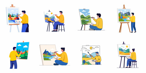 Fototapeta premium Collection of illustrations featuring artists painting colorful natural landscapes on easels outdoors, showcasing creativity and art hobbies.
