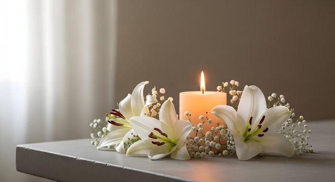 White Lilies and Candle Creating Calm Memorial Scene