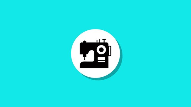 Flat animation of sewing machine icon appearing on circular background with drop shadow effect and vibrant colors