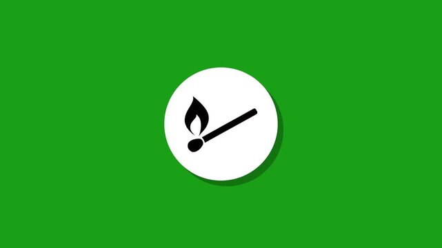 Minimalist matchstick with flame icon animation on green background with white circle flat design motion graphic