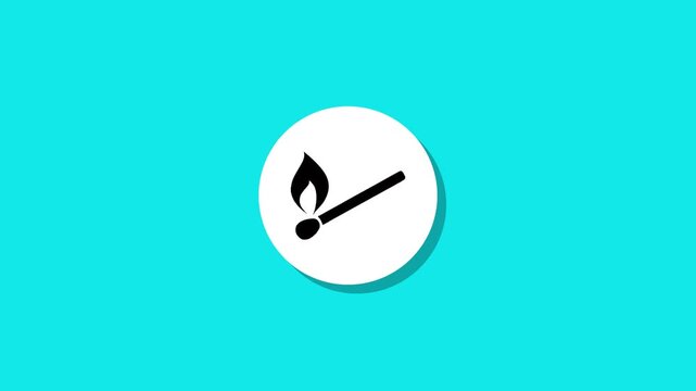 Minimalist matchstick with flame icon animation on white circle with flat blue background for concepts of fire and light