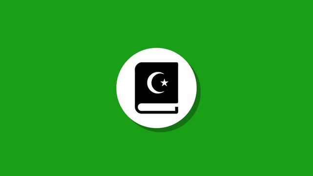 Animated quran icon on white circle over green background with smooth drop shadow and motion graphics style