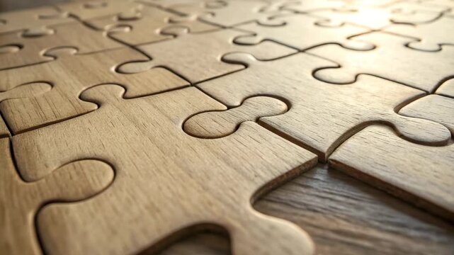 Wooden Jigsaw Puzzle Pieces Interlocking Close-up Macro Cinematic