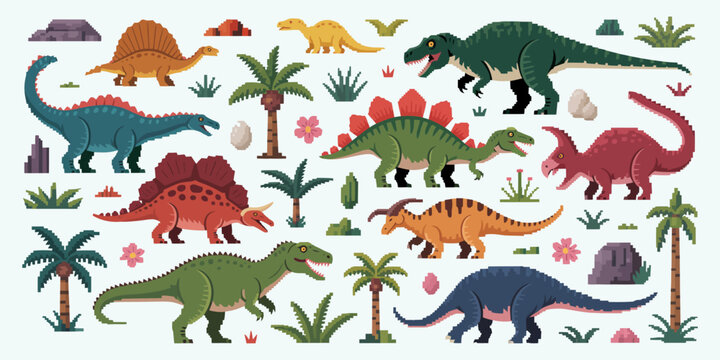 8 bit pixel art prehistoric dinosaurs, retro game asset collection, vector pixelated ancient creatures, arcade style graphics, fantasy environment elements.