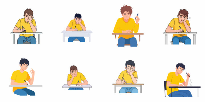 Collection of young student character illustrations showing boredom, frustration, fatigue, and exam stress while sitting at a desk and studying or taking a test.