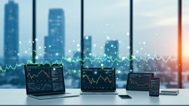 Modern office with multiple devices displaying stock market charts and financial data