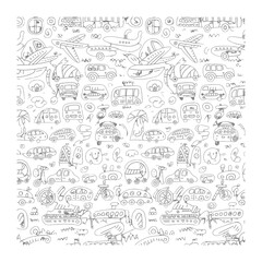 Fototapeta premium Seamless Travel Doodles: A whimsical illustration showcases a variety of transportation modes, creating a playful and dynamic pattern for travel and adventure themes. 