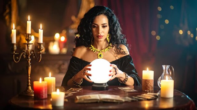 Woman fortune teller with glowing crystal ball surrounded by candles and cards
