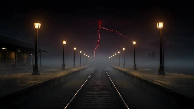 A silent train station consumed by fog and eerie lighting. Distant red lightning enhances the mysterious alternate-world atmosphere