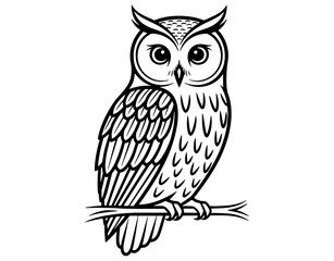 Obraz premium Minimalist Owl Sitting on a Branch Line Art Illustration, Majestic Owl Silhouette Vector Design, Wild Bird Portrait for Nature Conservation and Wildlife Protection Projects. 