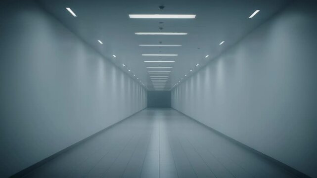A sterile laboratory corridor stands empty under flickering fluorescent lights. The long symmetrical hallway and subtle atmospheric haze create a tense, cinematic suspense environment