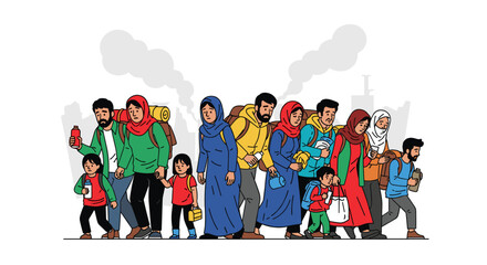 Fototapeta premium An illustration depicting a diverse group of people, including families and children, walking with their belongings, symbolizing migration, displacement, and the journey of refugees.