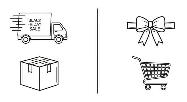 Black Friday Sale Delivery Icons: Truck, Box, Shopping Cart, Bow