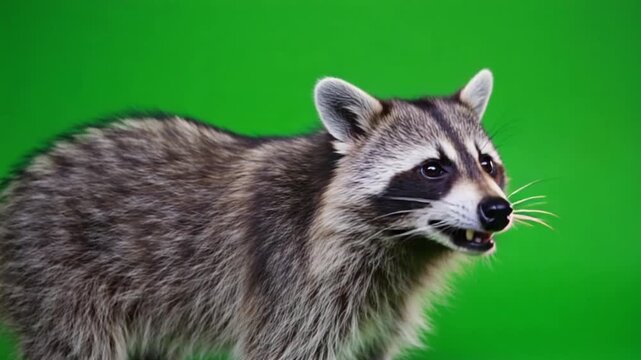 Aggressive raccoon snarling with sharp teeth against green background