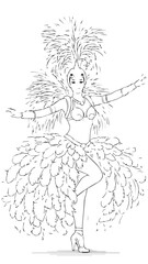Fototapeta premium Vibrant dancer in feathered carnival costume performing on stage.
