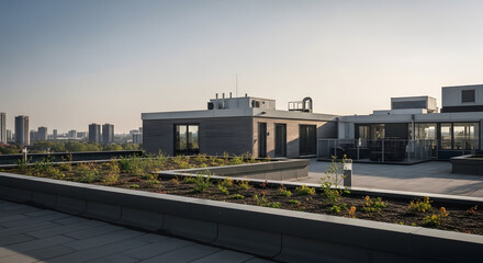 Fototapeta premium A modern building features an innovative green roof with planters, overlooking an urban cityscape under a clear sky.