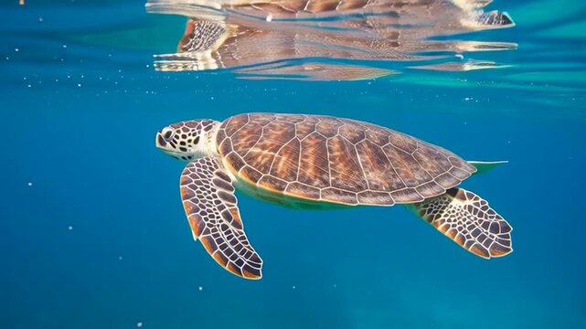 Sea Turtle Swimming in Clear Blue Ocean Water, Underwater Wildlife