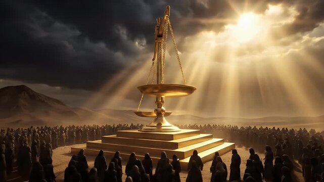 Divine Judgment Day with Golden Scales of Justice Before Humanity.