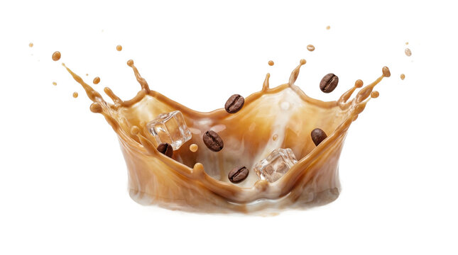 Dynamic splash of coffee or milk tea with flying roasted coffee beans and melting ice cubes. Realistic drink movement isolated on transparent background, perfect for advertising.