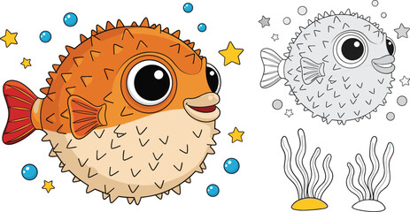 Cute pufferfish coloring book vector illustration with cartoon blowfish character, colored and outline versions for kids art activity printable design © sumi