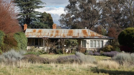 veranda. Charming single-story house with a wide veranda and corrugated roof, surrounded by native shrubs. real-estate listings.