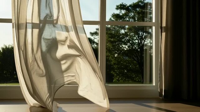 Sheer Curtain Billowing in Gentle Breeze Near Window, Sunlight Casting Shadows