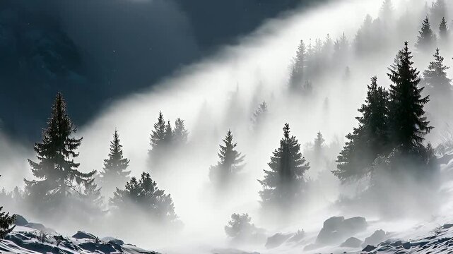 A serene yet mysterious winter landscape unfolds as a dense fog envelops a forest of snow-laden fir trees, creating an ethereal and tranquil scene in the cold mountains