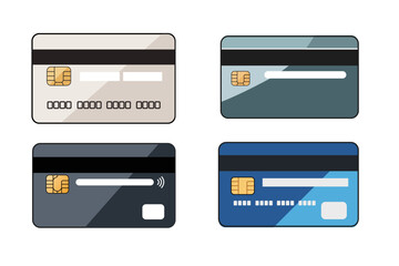 Flat Vector Credit Card Icon Set with Chips and Magnetic Strips