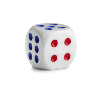 Dice with red and blue pips on white background
