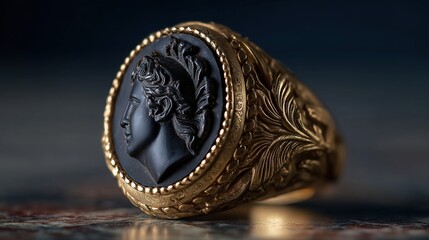 Naklejka premium intaglio. Classical onyx gemstone ring with an intricately carved Greek goddess intaglio. event programs, museum guides, designed for cultural heritage projects and event programs.