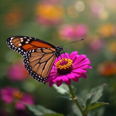 Vibrant monarch butterfly with orange wings delicately sips nectar from a bright pink zinnia flower, showing nature's beauty and pollination in a sunny garden