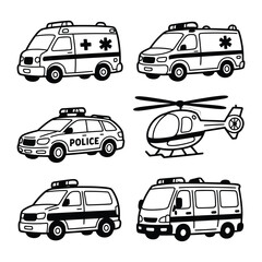 Emergency Vehicles Illustrations: A collection of various essential service vehicles in a line art style, including ambulance, police car, and helicopter.