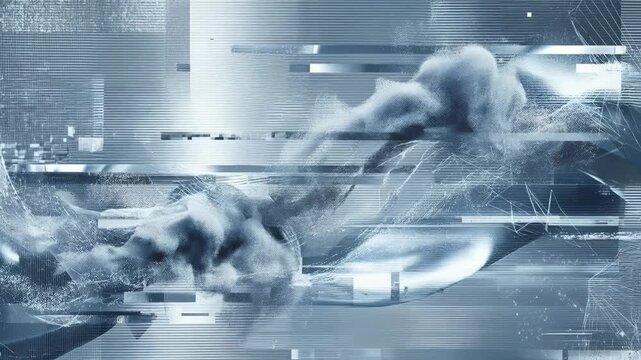 シルバーとブルーの未来感あふれる立体グリッチ背景