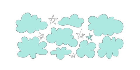 A collection of mint green cloud shapes on a white background