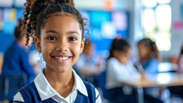 Smiling young girl in school uniform looking forward with classmates blurred in background