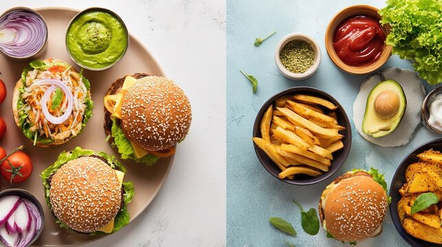 versus. Comparison of nutritious and less healthy food options arranged in separate groups. menu design, packaging mockups, designed for food delivery and cloud-kitchen brand materials.