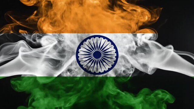 Cinematic slow motion capture of Indian tricolor national flag using flowing saffron white and green smoke plumes celebrating independence republic day with patriotic abstract movement.
