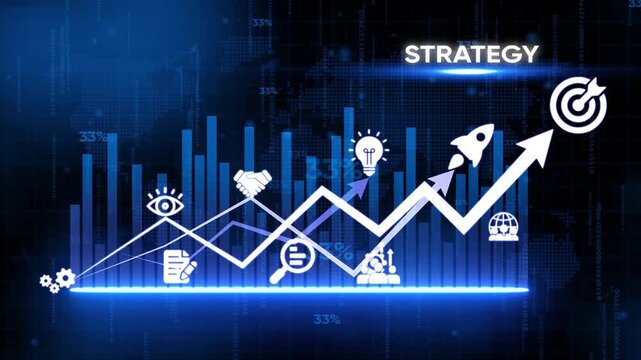 Business strategy and growth concept with glowing white on blue background with graphs and charts glowing blue background